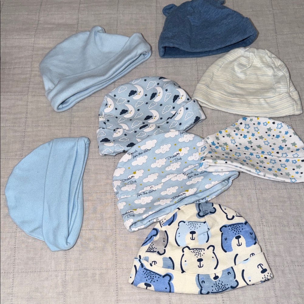 Blue and White Baby Beanie Set of 8